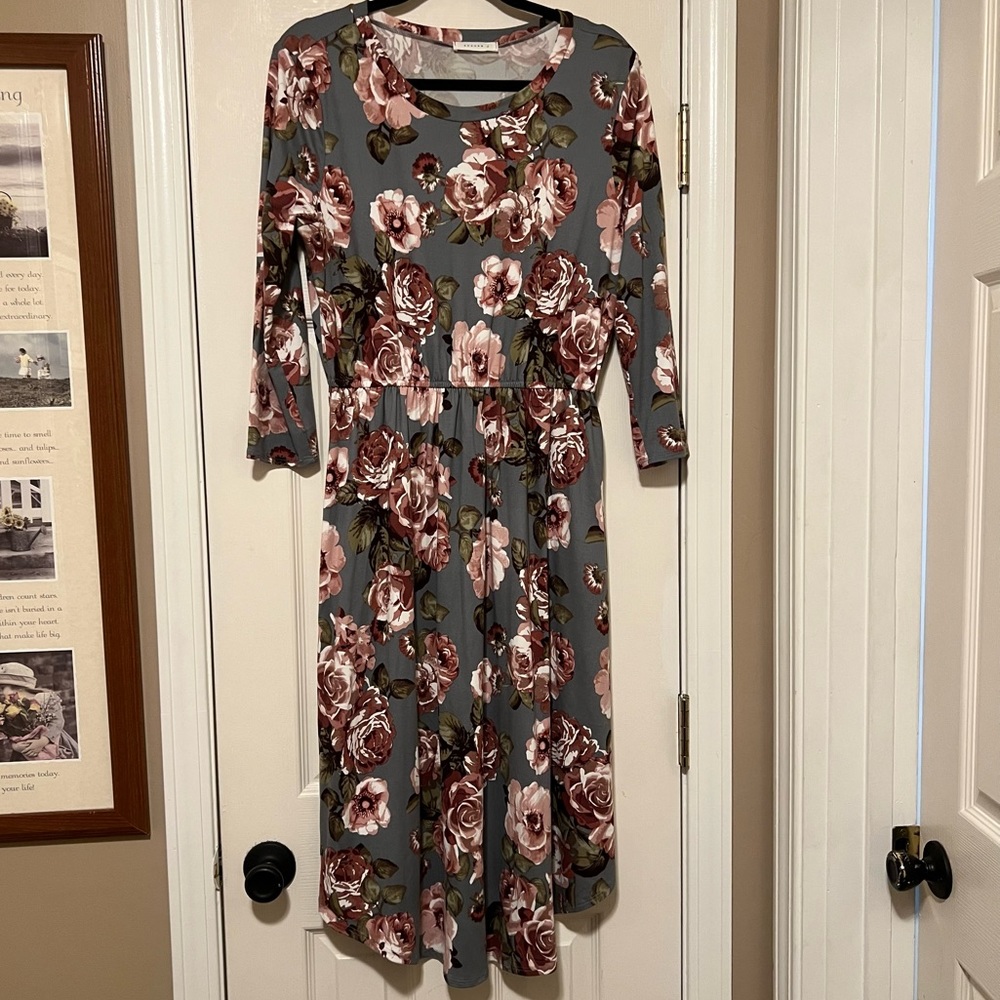 Reborn J Pink and Grey Floral Dress with pockets